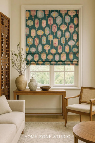 Upholstery fabric with koi fish and songbirds on lanterns